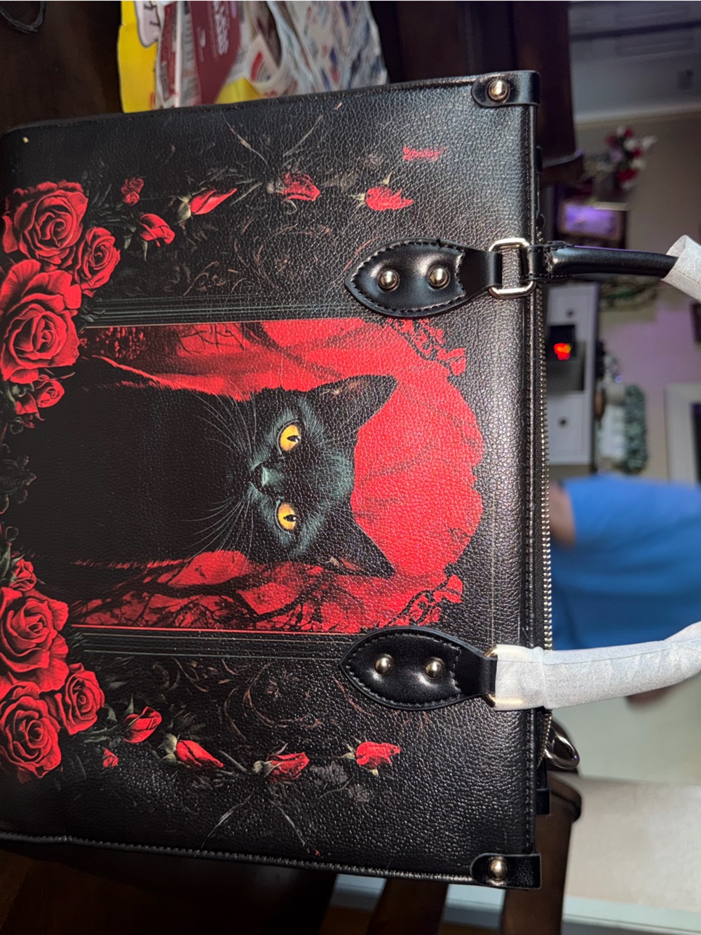 Black Rose & Cat Print Shoulder Bag - Black and Red